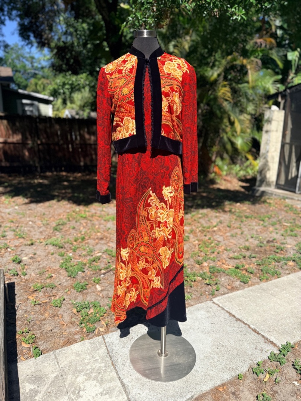 90s Deadstock Carole Little Paisley Floral Velvet Maxi Dress Bolero Jacket